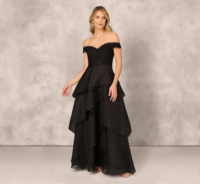 Adrianna Papell Formal Dresses Strapless Organza Ball Gown With Off The Shoulder Neckline In Black 8211 Women