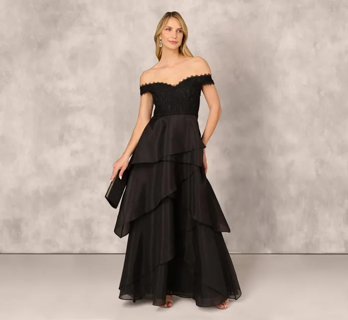 Adrianna Papell Formal Dresses Strapless Organza Ball Gown With Off The Shoulder Neckline In Black 8211 Women