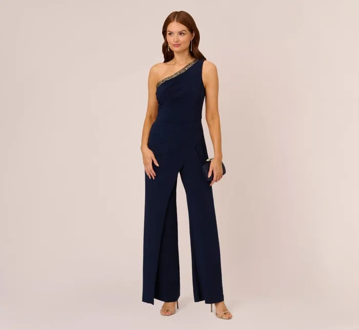 Adrianna Papell Jumpsuits Beaded OneShoulder Matte Jersey Jumpsuit In Midnight 8211 Women