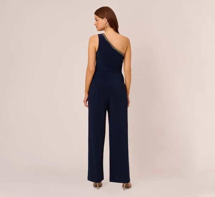 Adrianna Papell Jumpsuits Beaded OneShoulder Matte Jersey Jumpsuit In Midnight 8211 Women