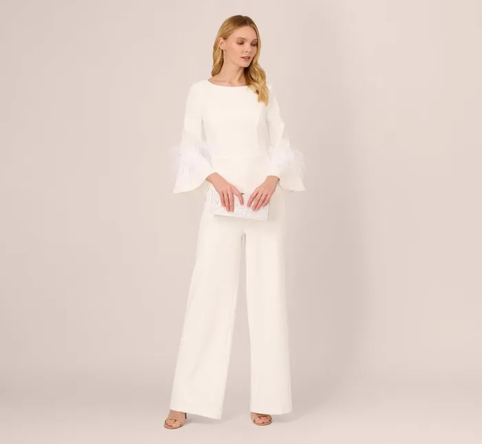 Adrianna Papell Jumpsuits Stretch Crepe Jumpsuit With Feather Trim Bell Sleeves In Ivory 8211 Women