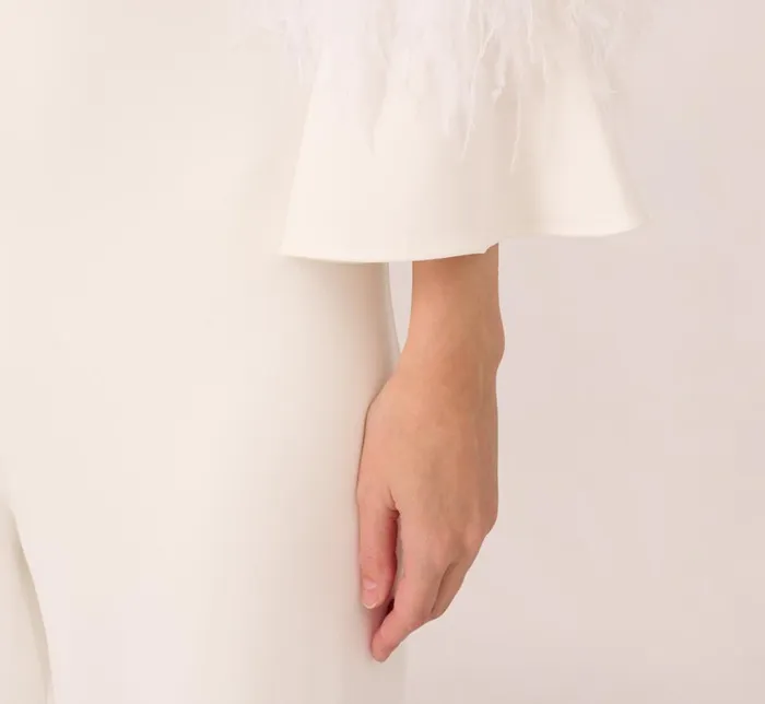 Adrianna Papell Jumpsuits Stretch Crepe Jumpsuit With Feather Trim Bell Sleeves In Ivory 8211 Women