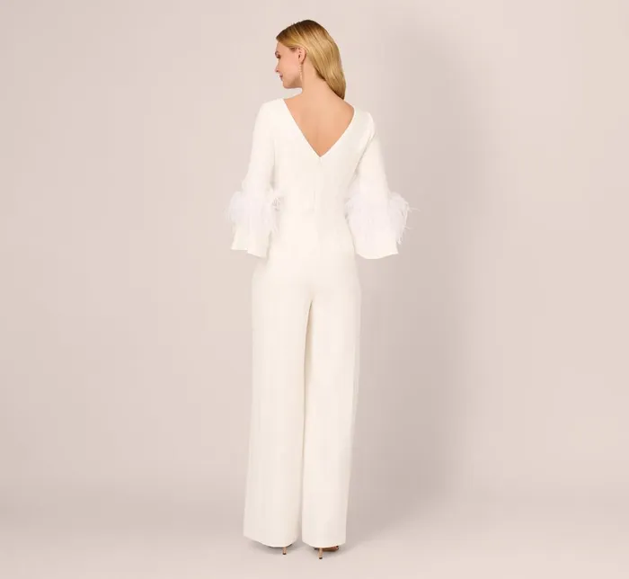 Adrianna Papell Jumpsuits Stretch Crepe Jumpsuit With Feather Trim Bell Sleeves In Ivory 8211 Women