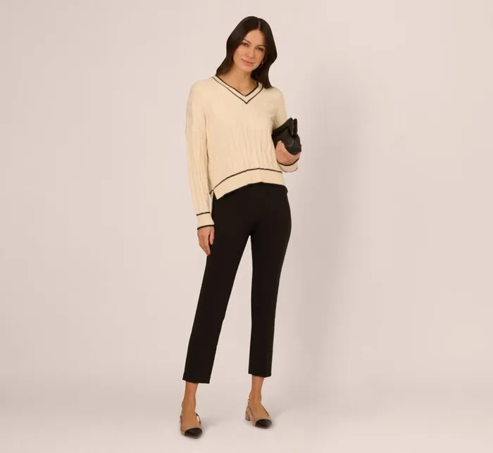 Adrianna Papell Sweaters V Neck High Low Cable Knit Sweater In Cream Blue Moon 8211 Women