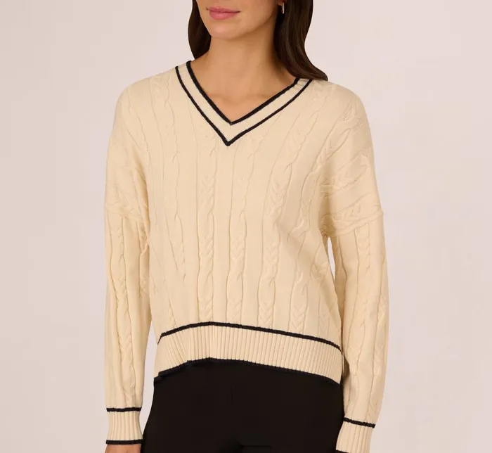 Adrianna Papell Sweaters V Neck High Low Cable Knit Sweater In Cream Blue Moon 8211 Women