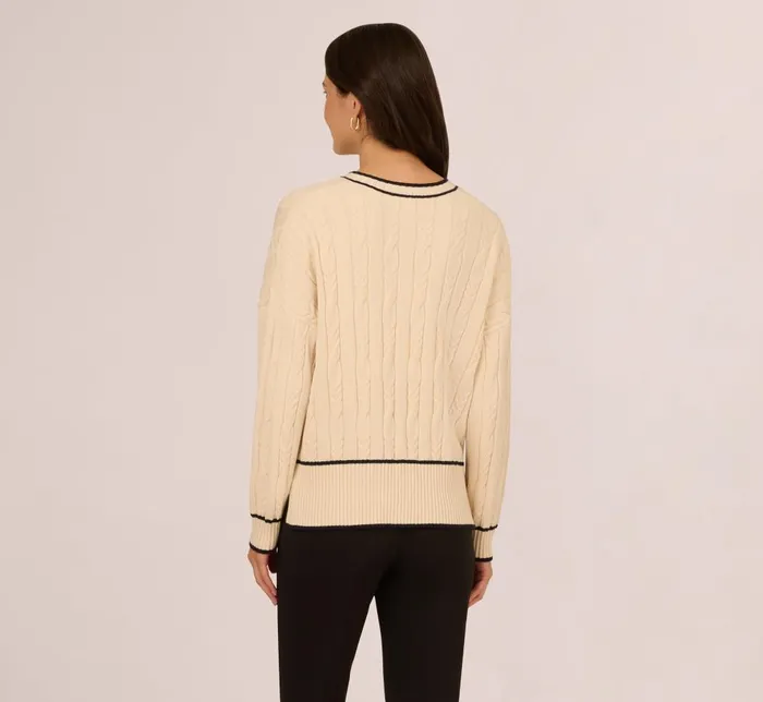 Adrianna Papell Sweaters V Neck High Low Cable Knit Sweater In Cream Blue Moon 8211 Women