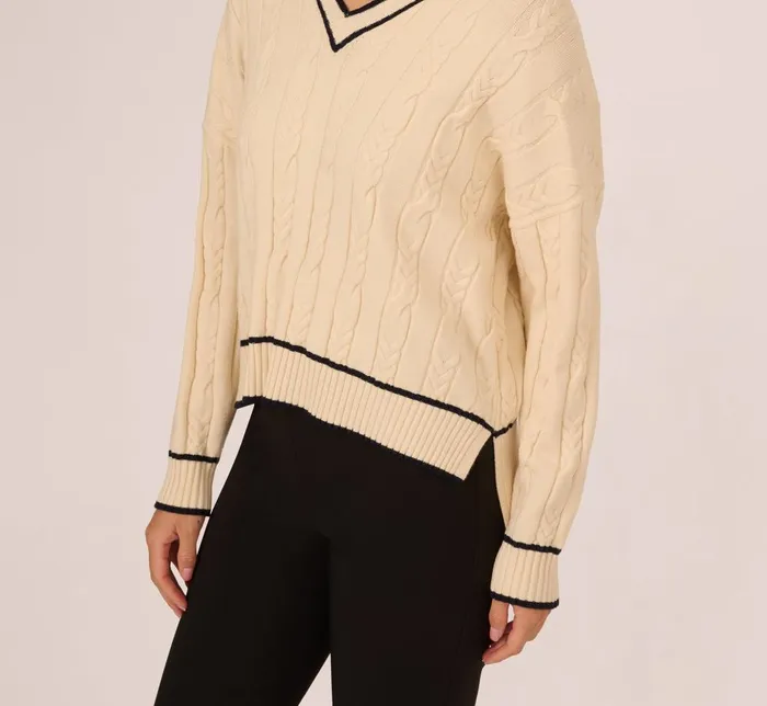 Adrianna Papell Sweaters V Neck High Low Cable Knit Sweater In Cream Blue Moon 8211 Women
