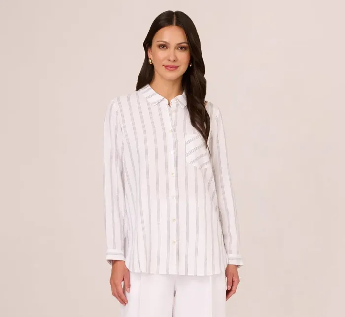 Adrianna Papell Tops and Blouses Striped Button Up Linen Shirt With Long Sleeves In White Grey Triple Stripe 8211 Women