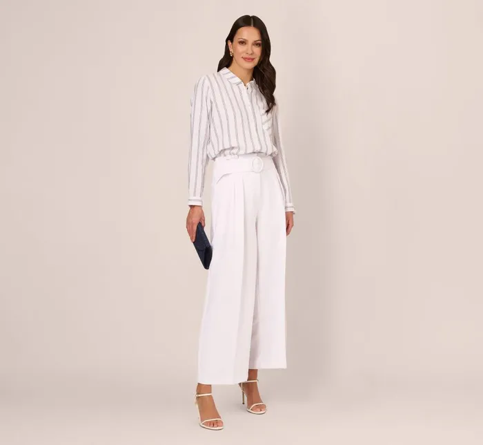 Adrianna Papell Tops and Blouses Striped Button Up Linen Shirt With Long Sleeves In White Grey Triple Stripe 8211 Women