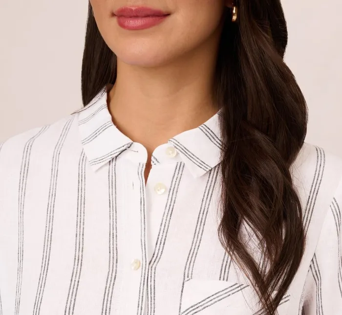 Adrianna Papell Tops and Blouses Striped Button Up Linen Shirt With Long Sleeves In White Grey Triple Stripe 8211 Women