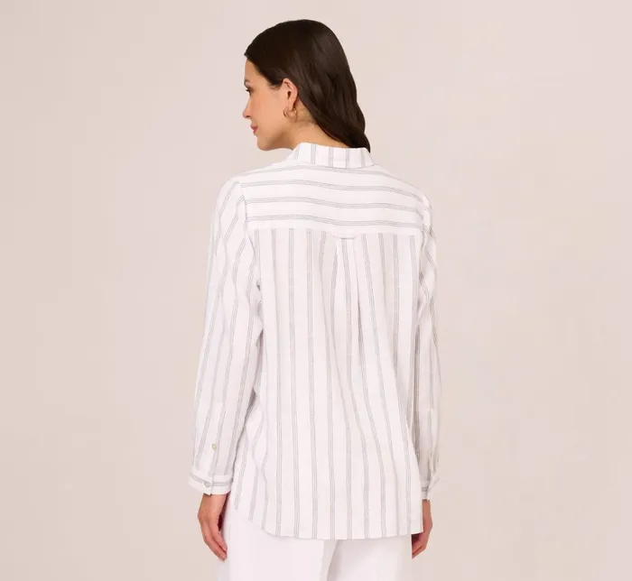 Adrianna Papell Tops and Blouses Striped Button Up Linen Shirt With Long Sleeves In White Grey Triple Stripe 8211 Women