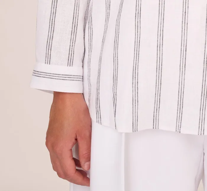 Adrianna Papell Tops and Blouses Striped Button Up Linen Shirt With Long Sleeves In White Grey Triple Stripe 8211 Women