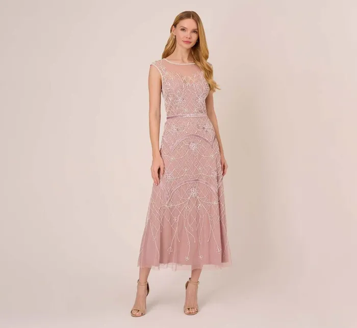 Adrianna Papell Wedding Guest Dresses Beaded AnkleLength Dress With Sheer Neckline In Dusted Petal Ivory 8211 Women