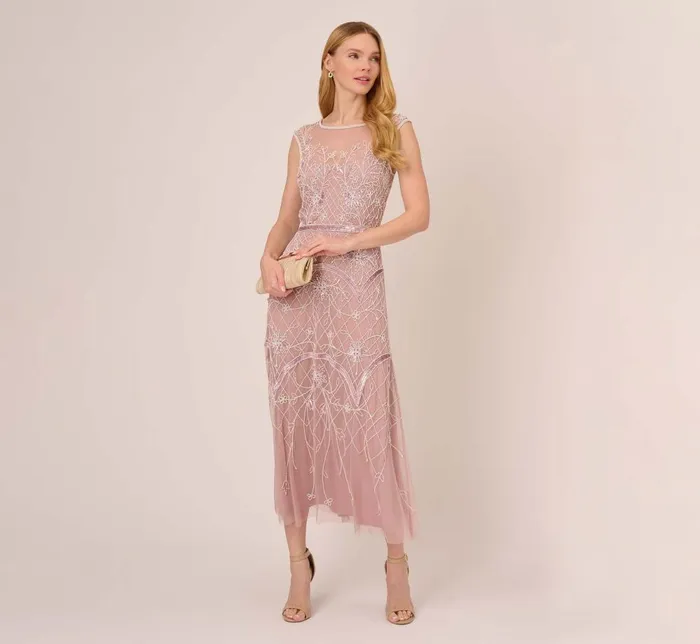 Adrianna Papell Wedding Guest Dresses Beaded AnkleLength Dress With Sheer Neckline In Dusted Petal Ivory 8211 Women