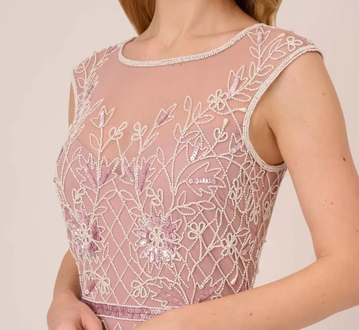 Adrianna Papell Wedding Guest Dresses Beaded AnkleLength Dress With Sheer Neckline In Dusted Petal Ivory 8211 Women