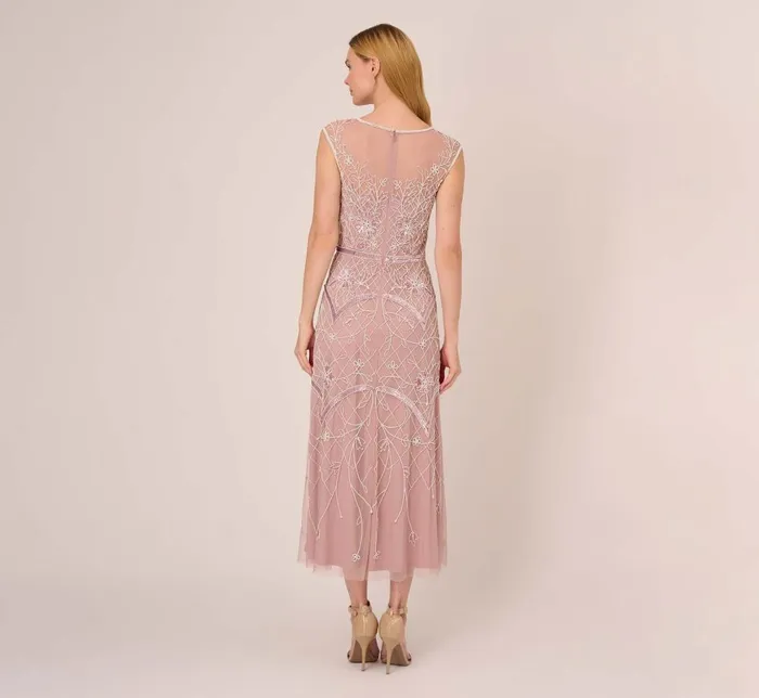 Adrianna Papell Wedding Guest Dresses Beaded AnkleLength Dress With Sheer Neckline In Dusted Petal Ivory 8211 Women