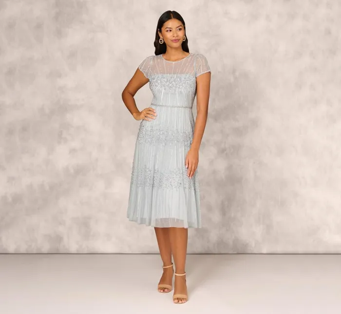 Adrianna Papell Wedding Guest Dresses Beaded Short Sleeve Midi Dress With Sheer Details In Snow Globe 8211 Women