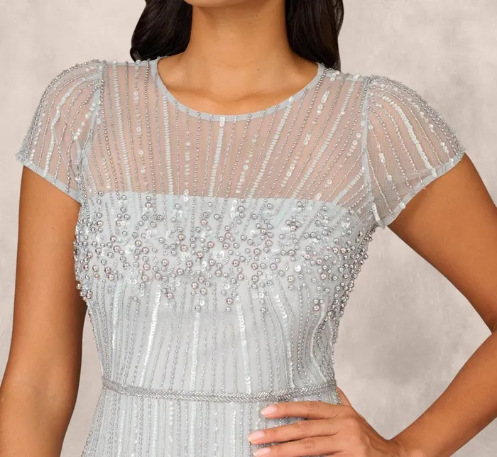 Adrianna Papell Wedding Guest Dresses Beaded Short Sleeve Midi Dress With Sheer Details In Snow Globe 8211 Women