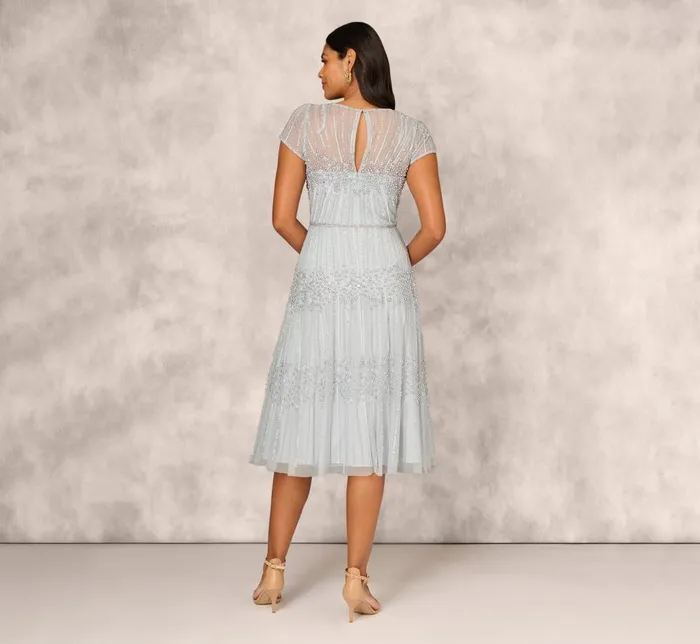 Adrianna Papell Wedding Guest Dresses Beaded Short Sleeve Midi Dress With Sheer Details In Snow Globe 8211 Women