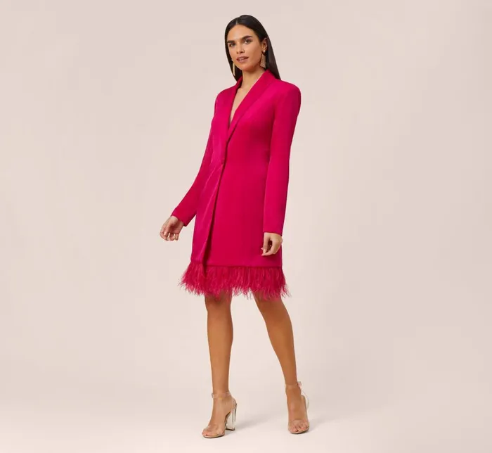 Adrianna Papell Wedding Guest Dresses Charmeuse Tuxedo Short Sheath Cocktail Dress With Feather Trim In Bright Rose 8211 Women Adrianna Papell Wedding Guest Dresses Charmeuse Tuxedo Short Sheath Cocktail Dress With Feather Trim In Bright Rose 8211 Women