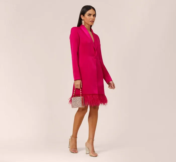 Adrianna Papell Wedding Guest Dresses Charmeuse Tuxedo Short Sheath Cocktail Dress With Feather Trim In Bright Rose 8211 Women