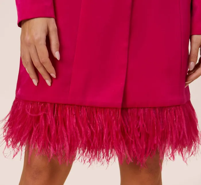 Adrianna Papell Wedding Guest Dresses Charmeuse Tuxedo Short Sheath Cocktail Dress With Feather Trim In Bright Rose 8211 Women