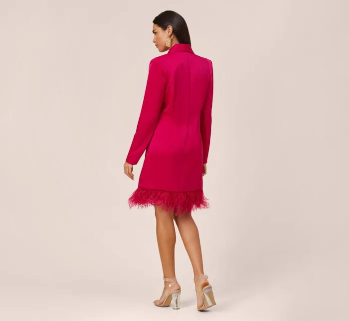 Adrianna Papell Wedding Guest Dresses Charmeuse Tuxedo Short Sheath Cocktail Dress With Feather Trim In Bright Rose 8211 Women