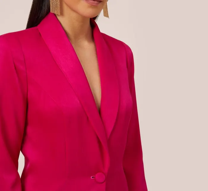 Adrianna Papell Wedding Guest Dresses Charmeuse Tuxedo Short Sheath Cocktail Dress With Feather Trim In Bright Rose 8211 Women