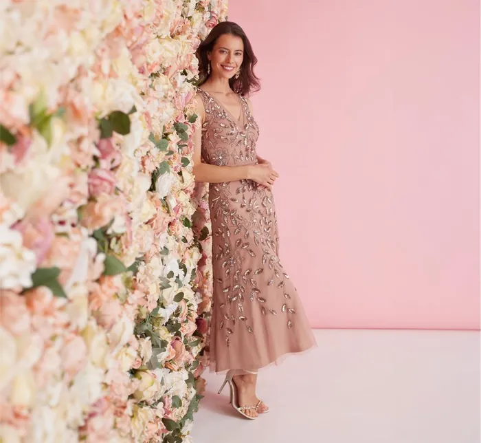 Adrianna Papell Wedding Guest Dresses Floral Beaded Ankle Length Sleeveless Gown In Rose Gold 8211 Women Adrianna Papell Wedding Guest Dresses Floral Beaded Ankle Length Sleeveless Gown In Rose Gold 8211 Women