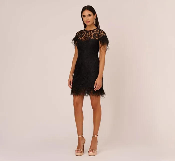 Adrianna Papell Wedding Guest Dresses Floral Lace And Feather Trimmed Short Sheath Cocktail Dress In Black 8211 Women