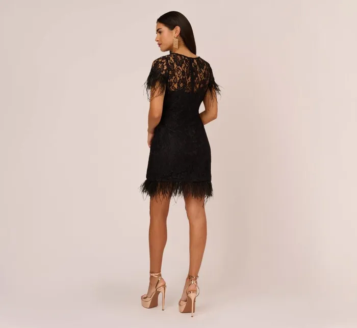 Adrianna Papell Wedding Guest Dresses Floral Lace And Feather Trimmed Short Sheath Cocktail Dress In Black 8211 Women