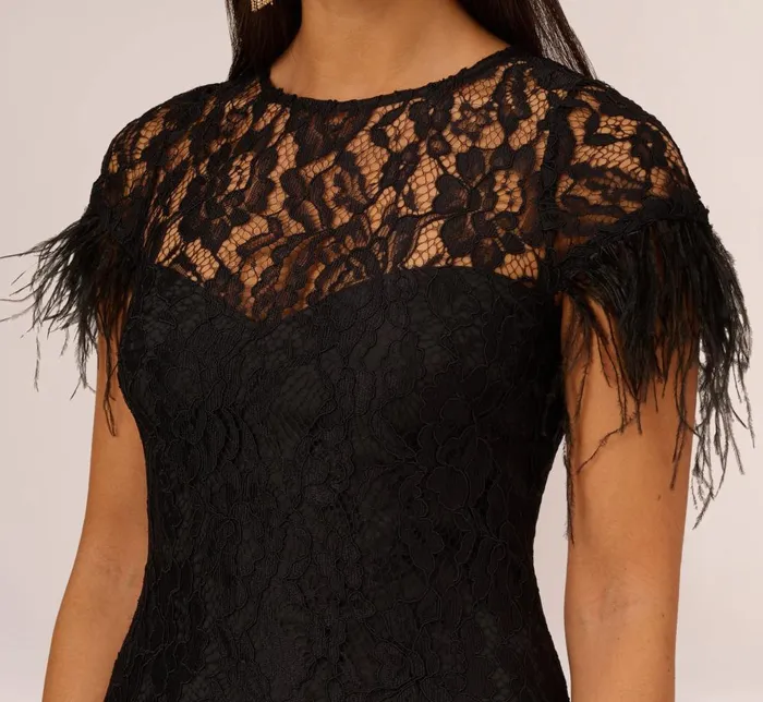 Adrianna Papell Wedding Guest Dresses Floral Lace And Feather Trimmed Short Sheath Cocktail Dress In Black 8211 Women