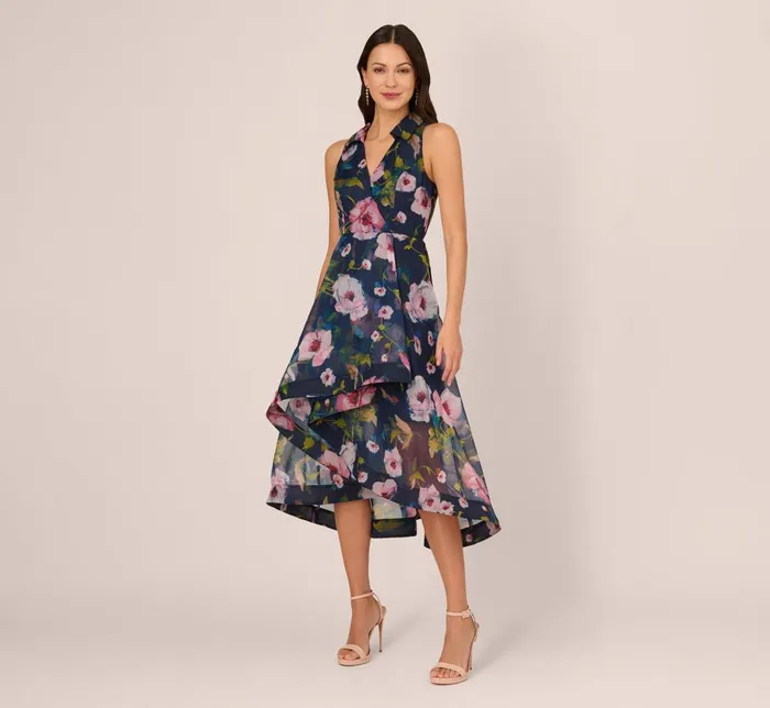 Adrianna Papell Wedding Guest Dresses Floral Printed High Low Organza Halter Dress In Navy Multi 8211 Women Adrianna Papell Wedding Guest Dresses Floral Printed High Low Organza Halter Dress In Navy Multi 8211 Women