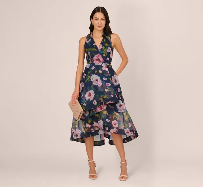 Adrianna Papell Wedding Guest Dresses Floral Printed High Low Organza Halter Dress In Navy Multi 8211 Women