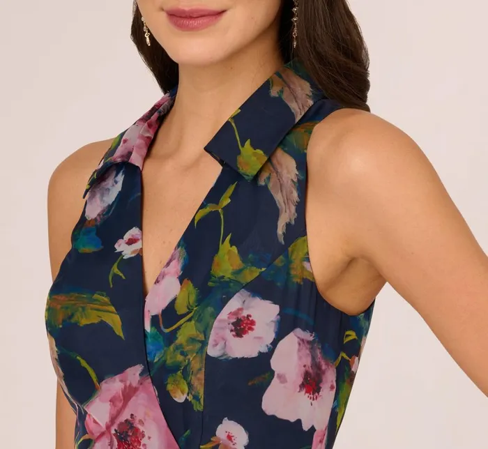 Adrianna Papell Wedding Guest Dresses Floral Printed High Low Organza Halter Dress In Navy Multi 8211 Women