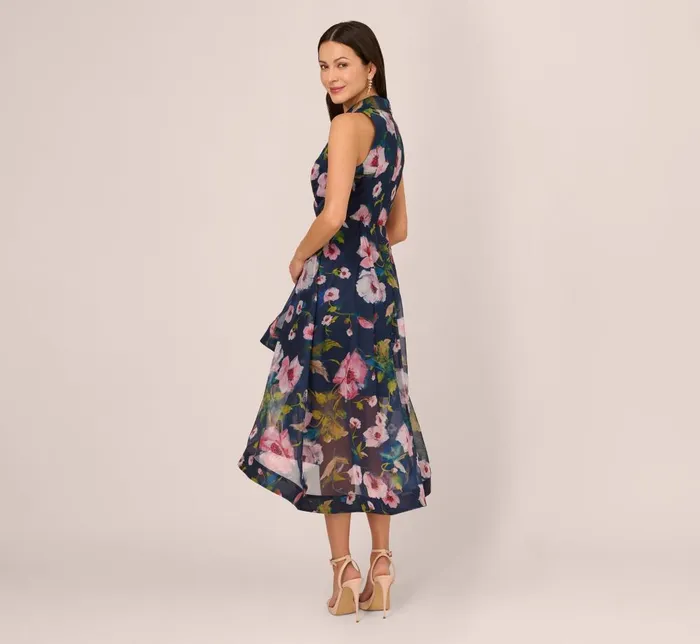 Adrianna Papell Wedding Guest Dresses Floral Printed High Low Organza Halter Dress In Navy Multi 8211 Women