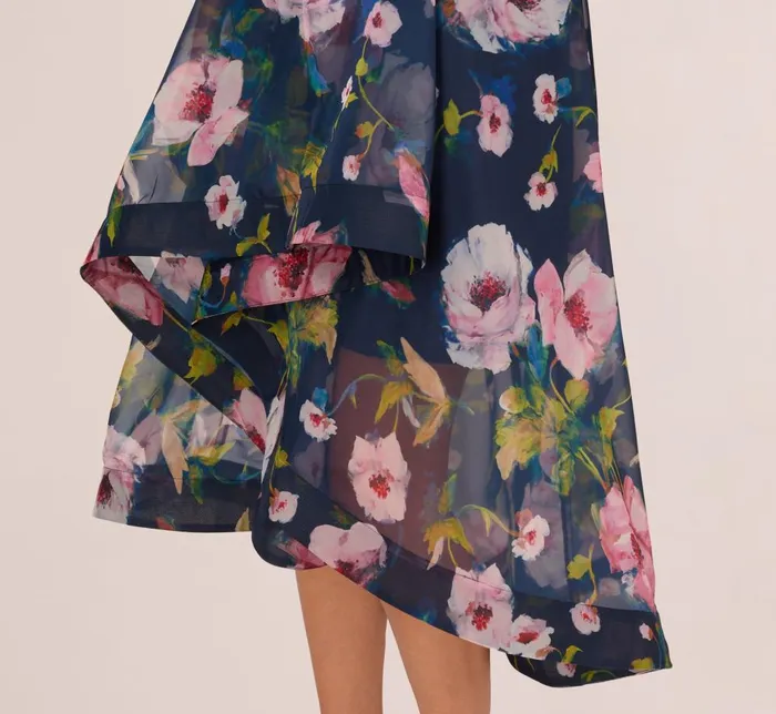 Adrianna Papell Wedding Guest Dresses Floral Printed High Low Organza Halter Dress In Navy Multi 8211 Women