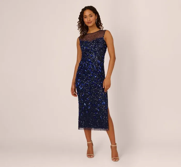Adrianna Papell Wedding Guest Dresses Floral Sequin Sleeveless Ankle Length Dress With Sheer Neckline In Light Navy 8211 Women Adrianna Papell Wedding Guest Dresses Floral Sequin Sleeveless Ankle Length Dress With Sheer Neckline In Light Navy 8211 Women