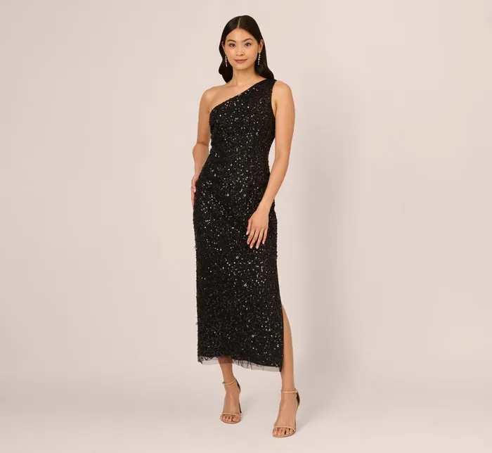 Adrianna Papell Wedding Guest Dresses One Shoulder Sequin Beaded Ankle Length Dress In Black 8211 Women