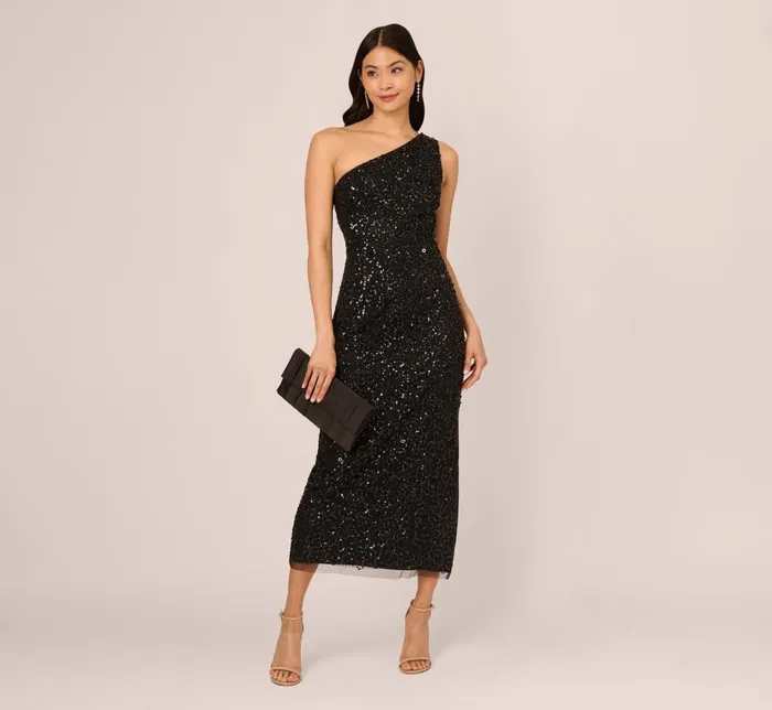 Adrianna Papell Wedding Guest Dresses One Shoulder Sequin Beaded Ankle Length Dress In Black 8211 Women