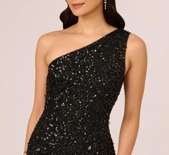 Adrianna Papell Wedding Guest Dresses One Shoulder Sequin Beaded Ankle Length Dress In Black 8211 Women