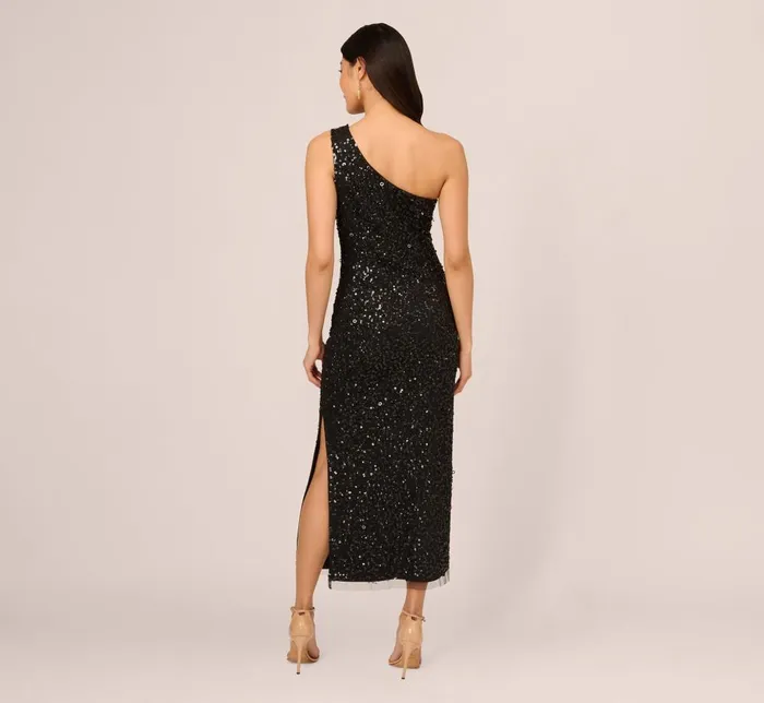 Adrianna Papell Wedding Guest Dresses One Shoulder Sequin Beaded Ankle Length Dress In Black 8211 Women