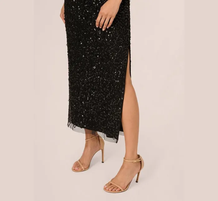Adrianna Papell Wedding Guest Dresses One Shoulder Sequin Beaded Ankle Length Dress In Black 8211 Women