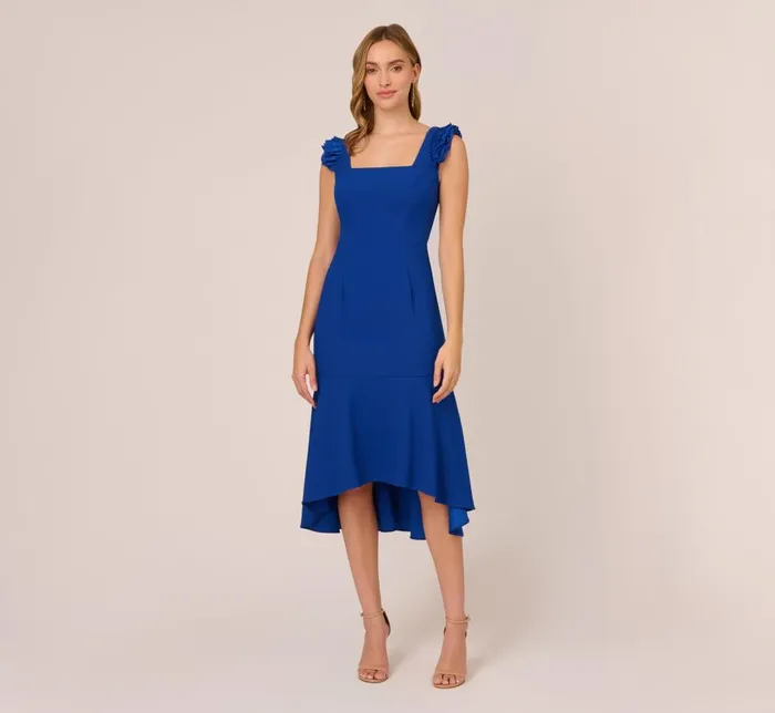 Adrianna Papell Wedding Guest Dresses Ruffled Satin Crepe MidiLength HighLow Cocktail Mermaid Dress In Violet Cobalt 8211 Women Adrianna Papell Wedding Guest Dresses Ruffled Satin Crepe MidiLength HighLow Cocktail Mermaid Dress In Violet Cobalt 8211 Women