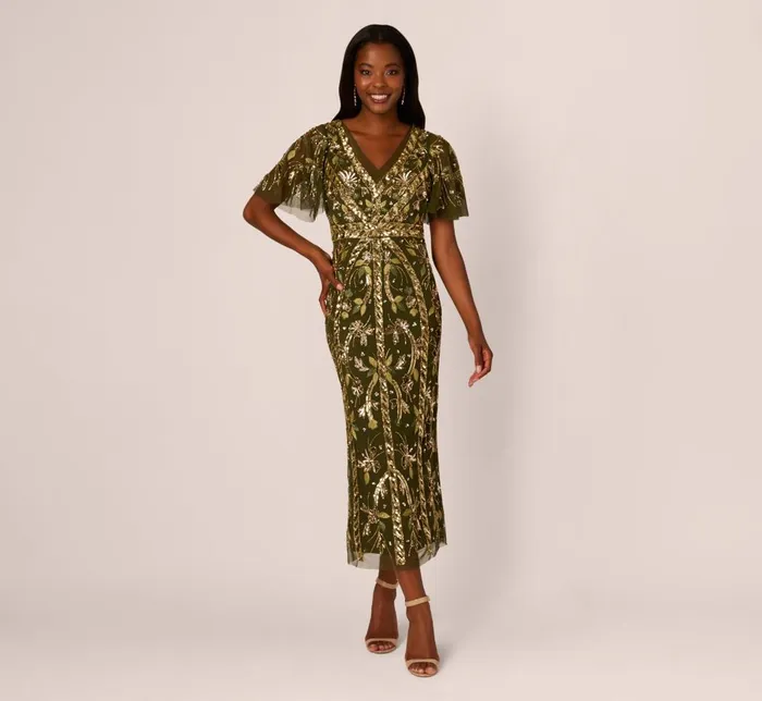 Adrianna Papell Wedding Guest Dresses Sequin Beaded Ankle Length Dress With Flutter Sleeves In Olive 8211 Women