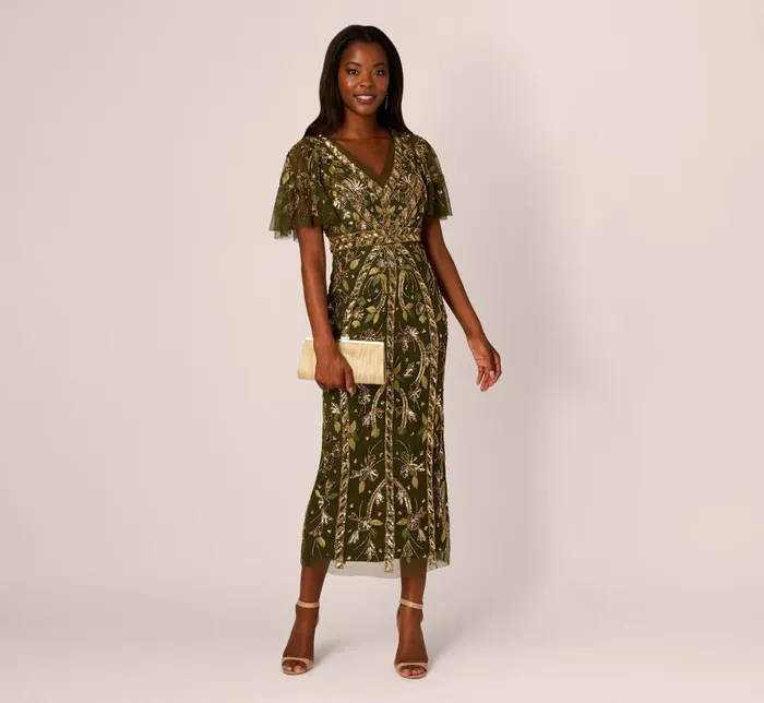 Adrianna Papell Wedding Guest Dresses Sequin Beaded Ankle Length Dress With Flutter Sleeves In Olive 8211 Women