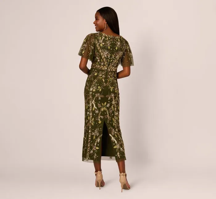 Adrianna Papell Wedding Guest Dresses Sequin Beaded Ankle Length Dress With Flutter Sleeves In Olive 8211 Women