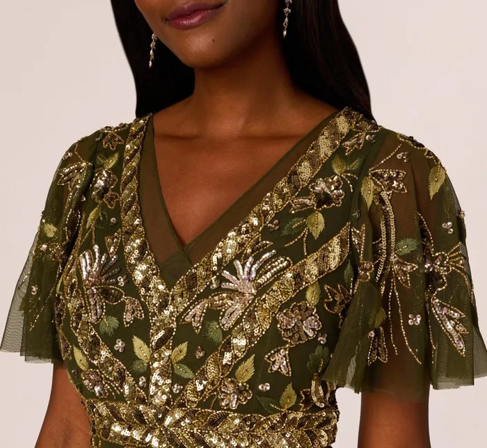 Adrianna Papell Wedding Guest Dresses Sequin Beaded Ankle Length Dress With Flutter Sleeves In Olive 8211 Women
