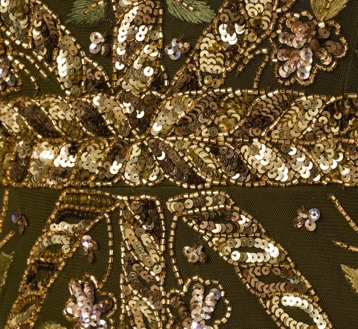 Adrianna Papell Wedding Guest Dresses Sequin Beaded Ankle Length Dress With Flutter Sleeves In Olive 8211 Women