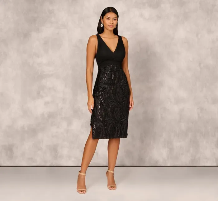 Adrianna Papell Wedding Guest Dresses Sleeveless Midi Dress With 3d Embroidered Skirt In Black 8211 Women